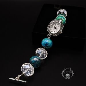 Watch Bracelet with Faceted Glass Crystals and Large Blue Beads